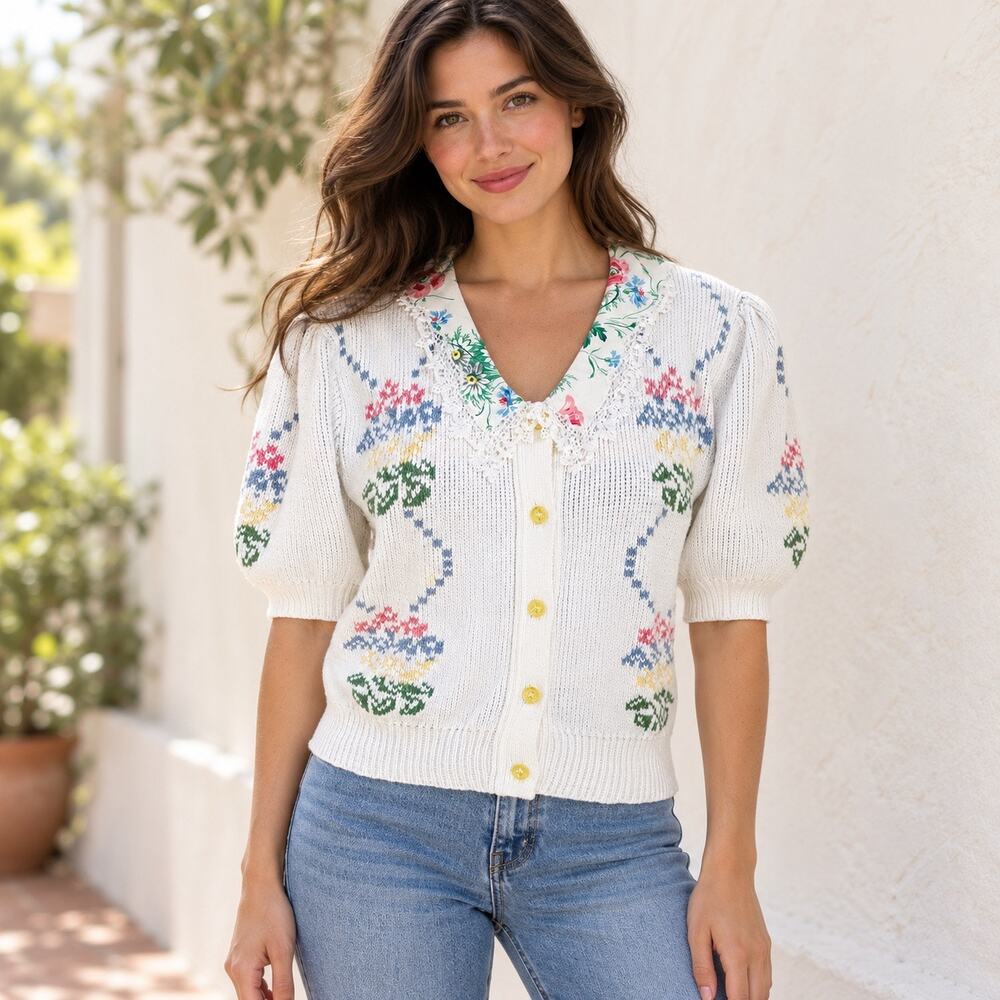 Vintage Sweater Loft M Floral Cotton Cardigan Cottagecore Grannycore Coastal USA